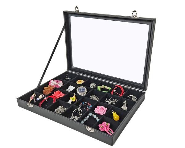 Schmuckkasten Schmucklade Schaukasten Schmuckdisplay mit Glasdeckel mit 24 Fächern schwarz